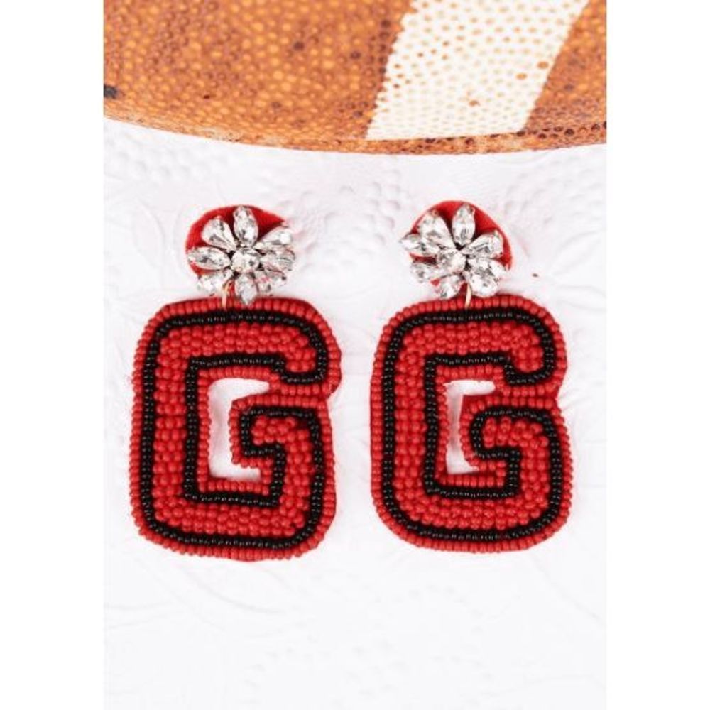 BEJEWELED RED AND BLACK 'G' SEED BEAD EARRINGS